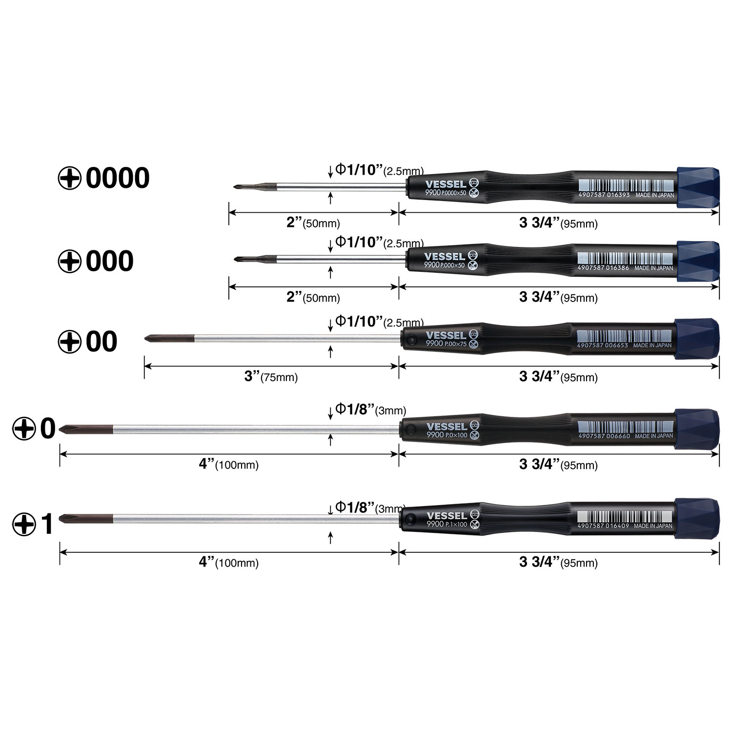 Vessel TD-55 Precision Micro Screwdriver Set – 6 Piece, Flat Slotted 0.9-3.5mm, Made In Japan